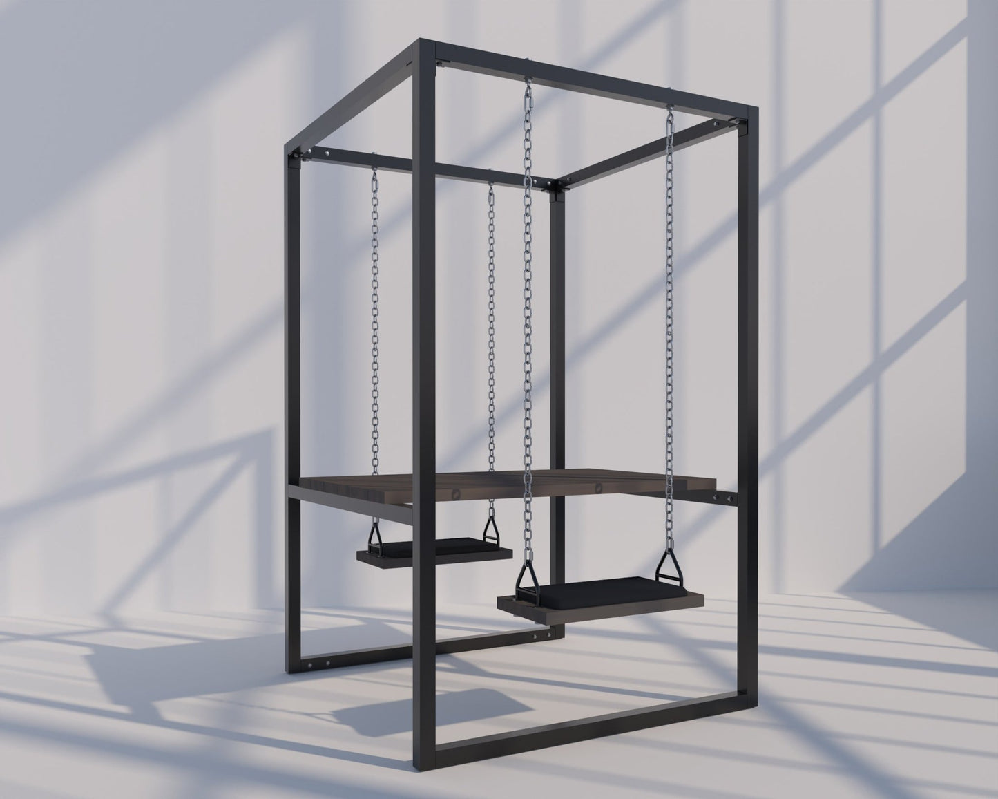 2-Seater SwingTable | Black frame, Island Mist Trex Wood Table, Black Cushions
