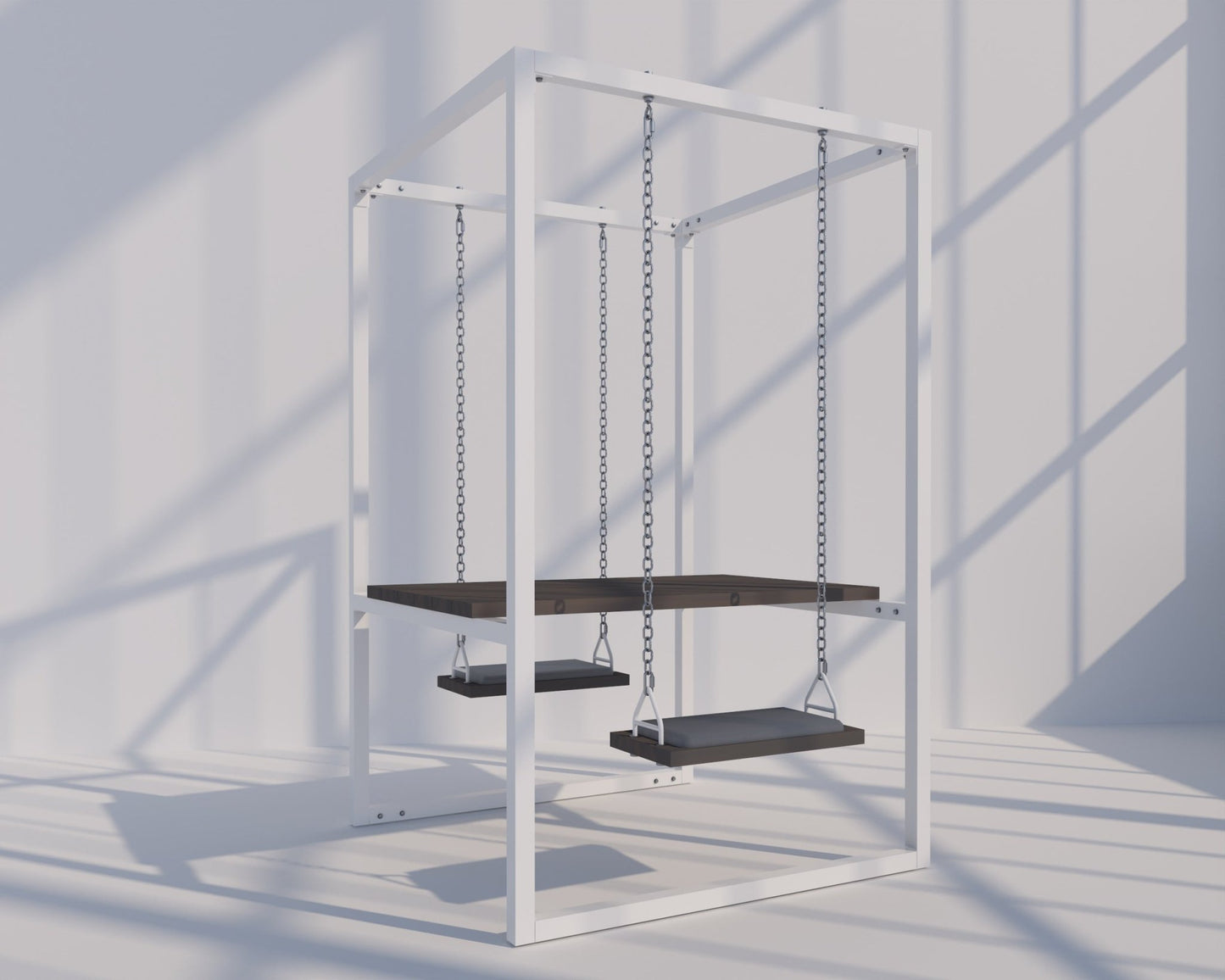 2-Seater SwingTable | White frame, Island Mist Trex Wood Table, Grey Cushions
