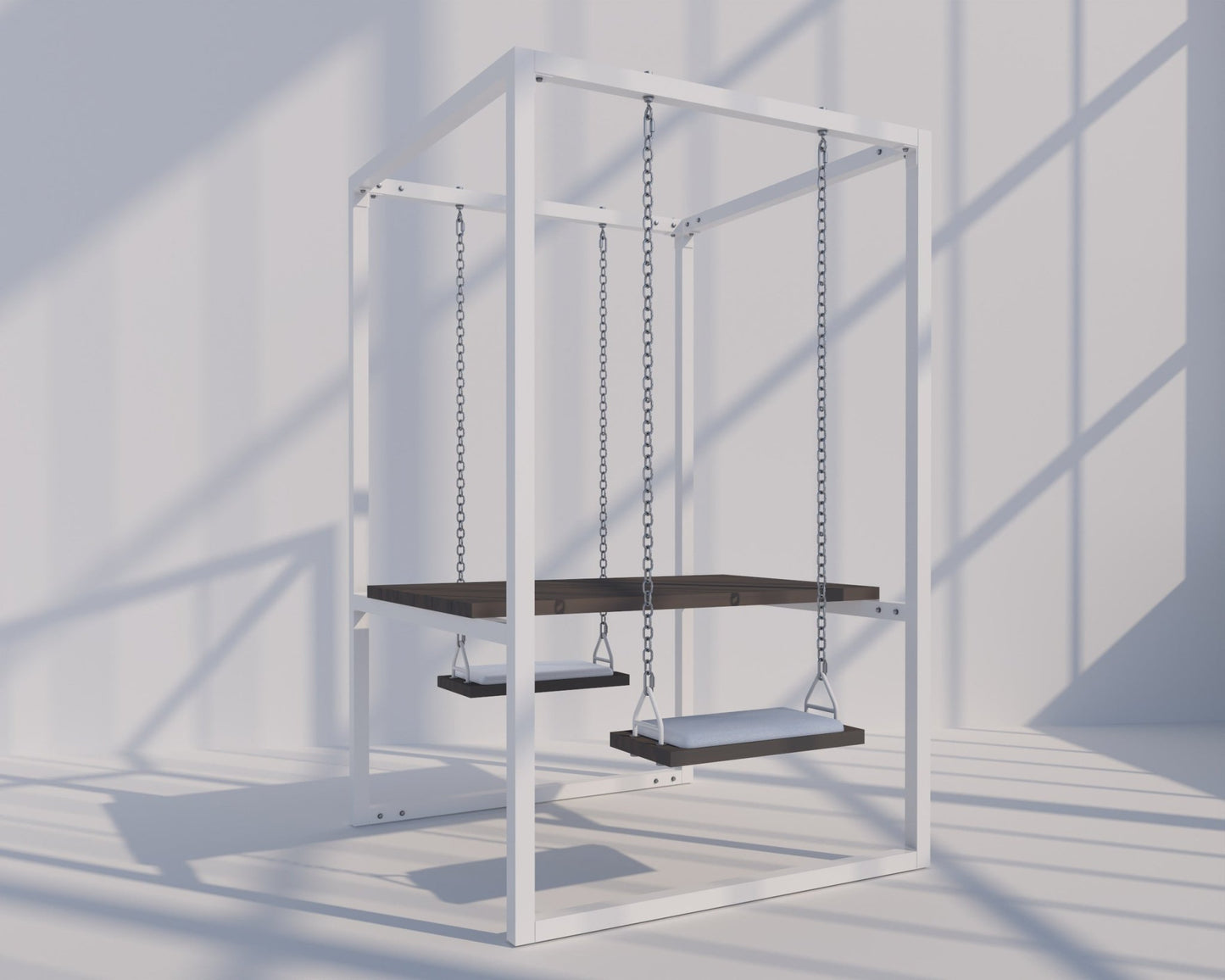 2-Seater SwingTable | White frame, Island Mist Trex Wood Table, White Cushions