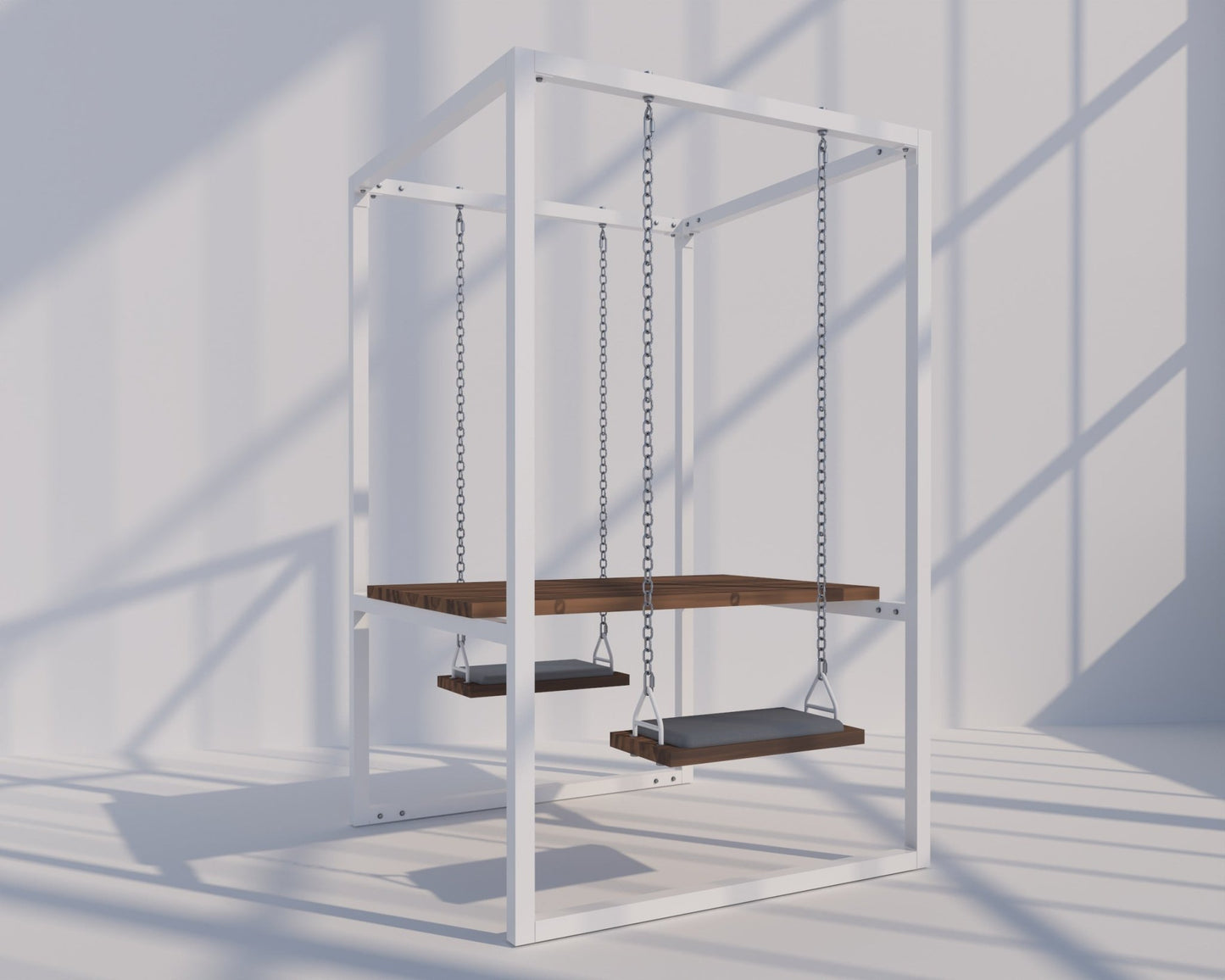 2-Seater SwingTable | White frame, Spiced Rum Trex Wood Table, Grey Cushions