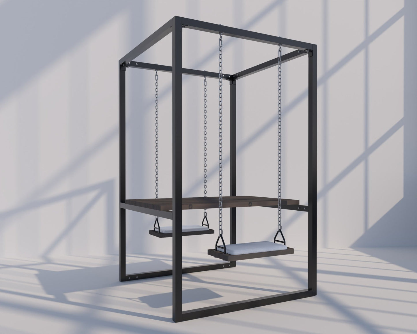 2-Seater SwingTable | Black frame, Island Mist Trex Wood Table, White Cushions