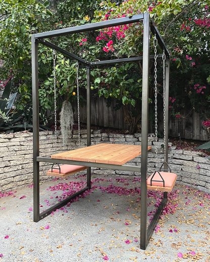 2-Seater SwingTable | Outdoor with Cedar Wood Table and pink cushions