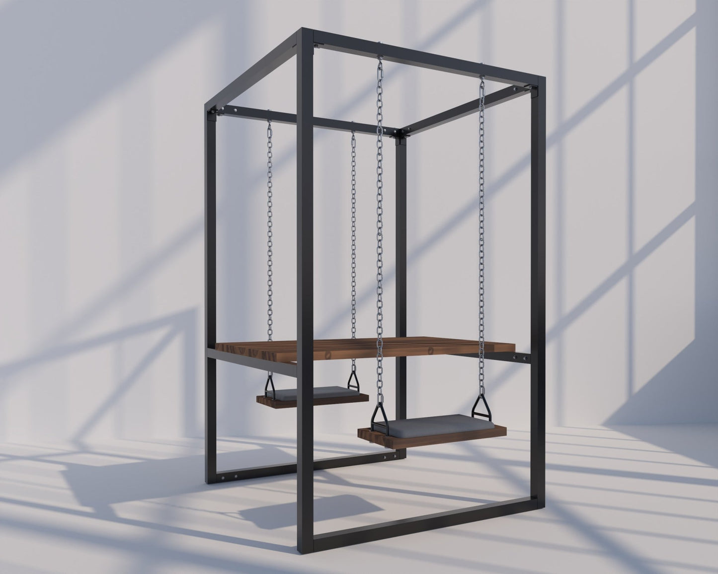 2-Seater SwingTable | Black frame, Spiced Rum Trex Wood Table, White Cushions