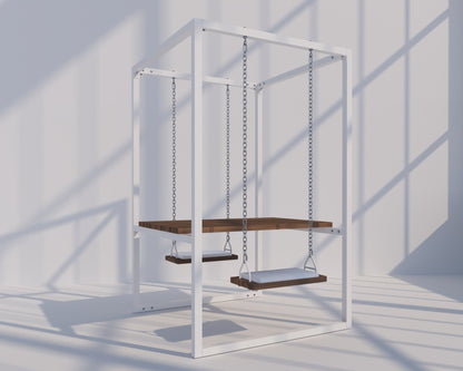 2-Seater SwingTable | White frame, Spiced Rum Trex Wood Table, White Cushions