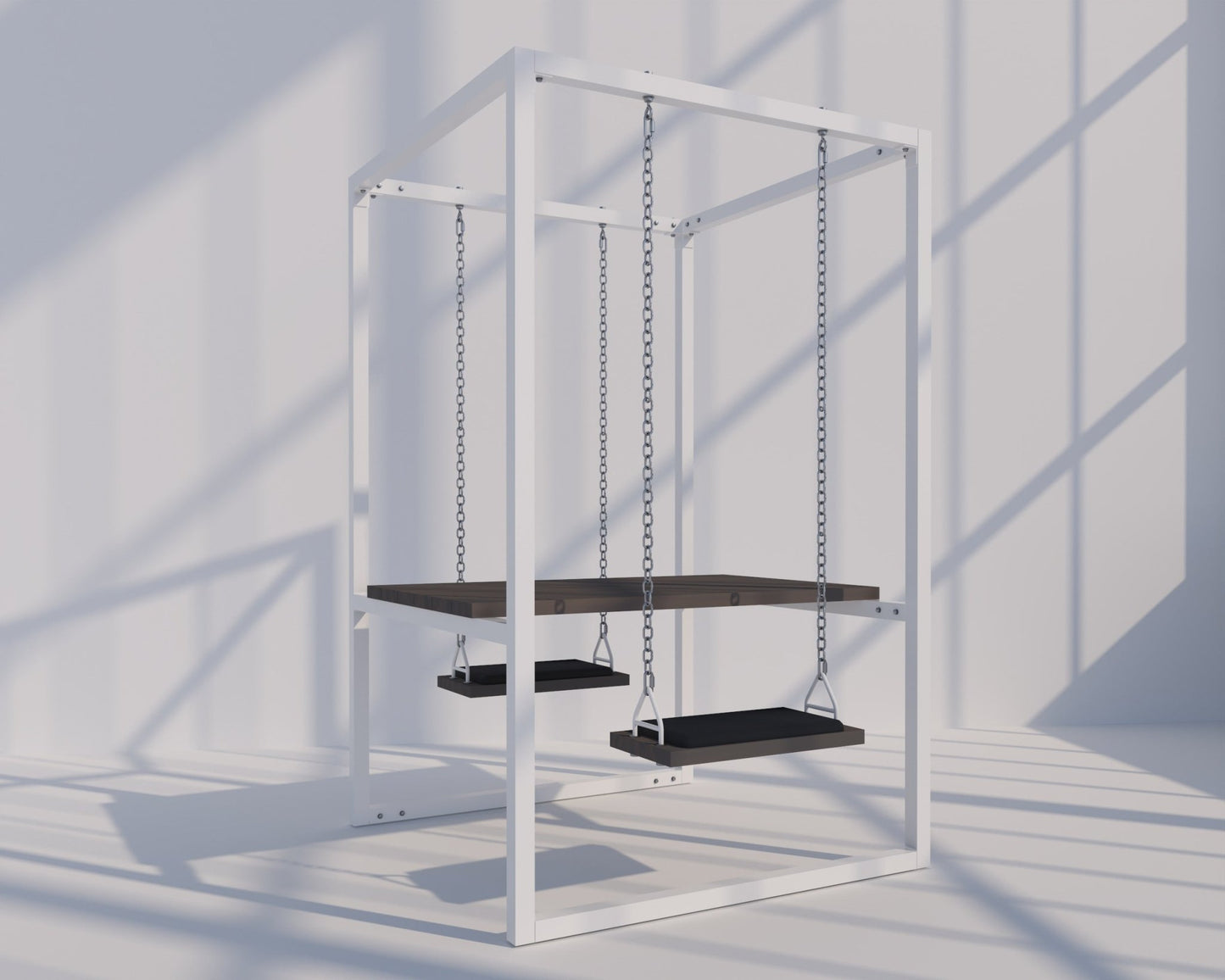 2-Seater SwingTable | White frame, Island Mist Trex Wood Table, Black Cushions