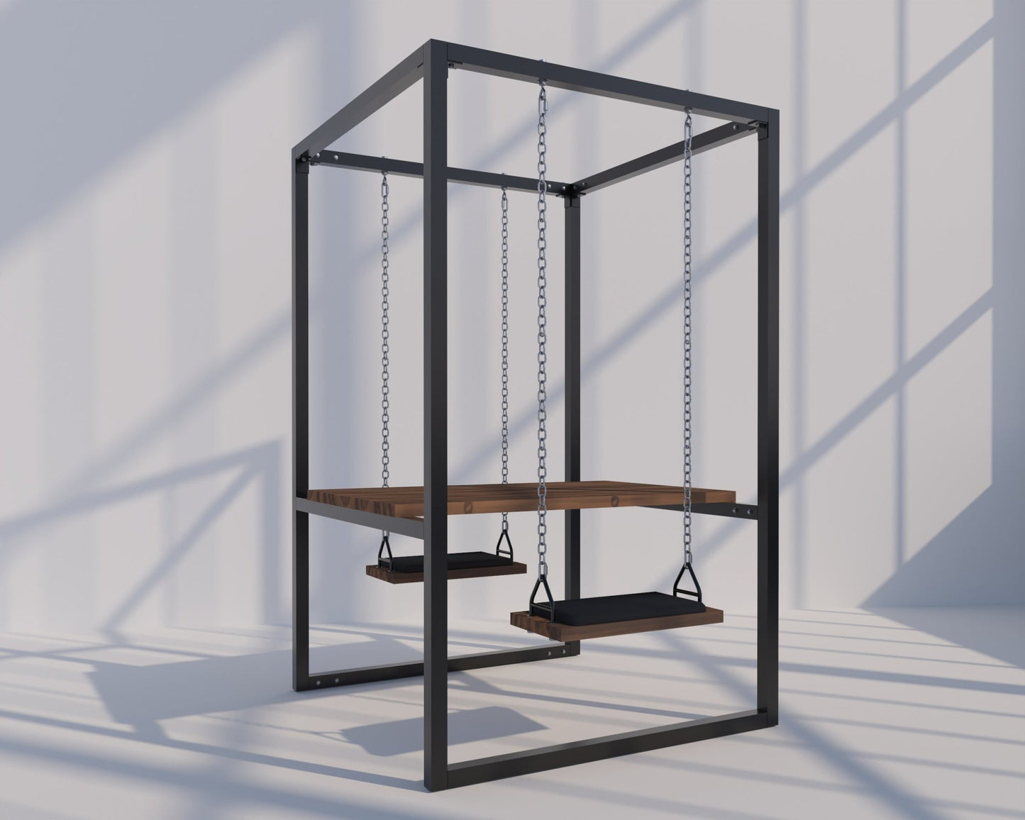 2-Seater SwingTable | Black frame, Spiced Rum Trex Wood Table, Black Cushions